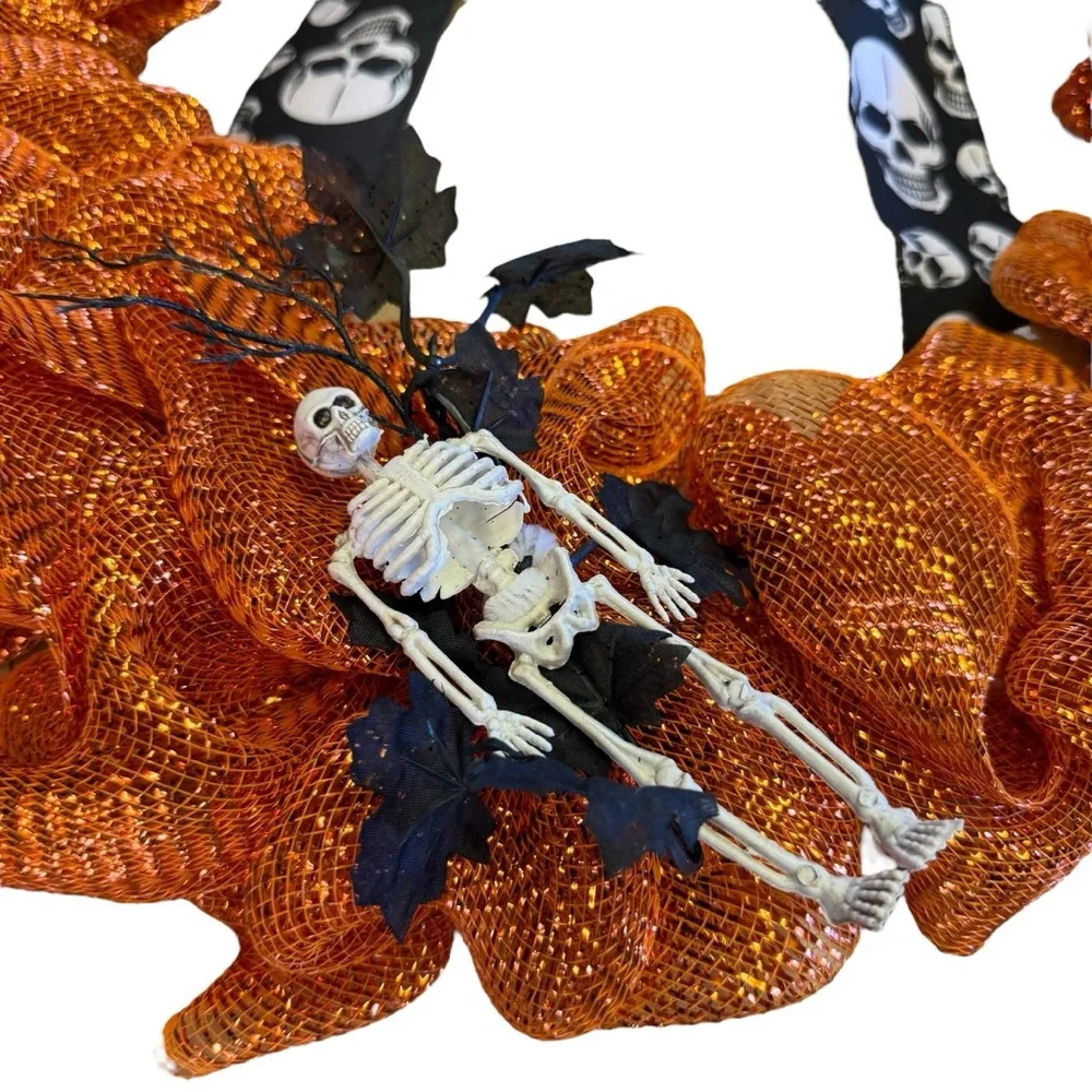 Halloween Orange Deco Mesh Wreath with Skull Ribbon – 24″